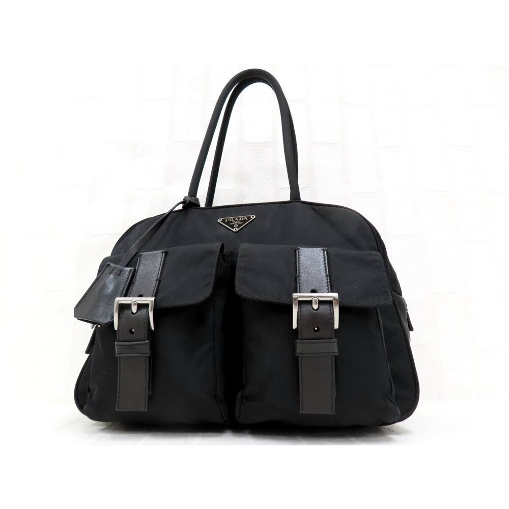 Prada Calf Leather Leather Handbag Black Silver Hardware Triangular